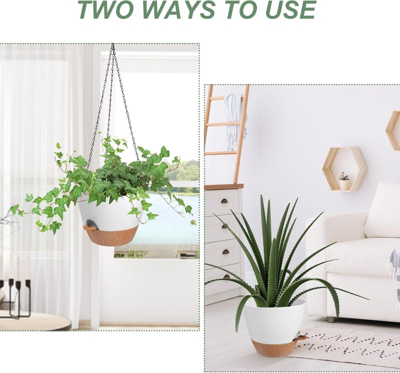 Vanslogreen Hanging Planters for Indoor Outdoor Plants, 1 Set Self Watering Hanging Pot with Drainage Holes & Removable Tray (White-12inch, 12'') - Image 5